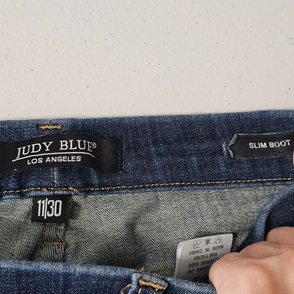 Judy Blue Slim Boot Jeans 11/30 Dark Wash Boho Western Pull On High Rise Raw Hem - Picture 4 of 9